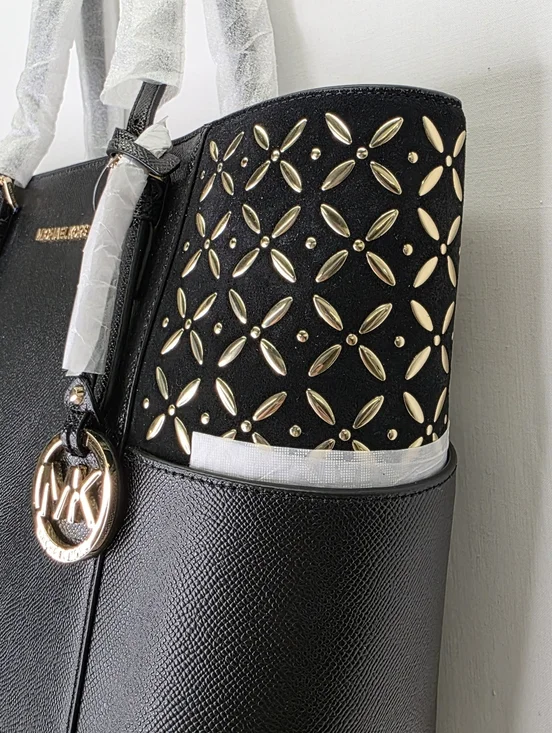 NWT Michael Kors Charlotte Large Top Zip Tote - Black Saffiano with Gold Floral - Picture 3 of 11